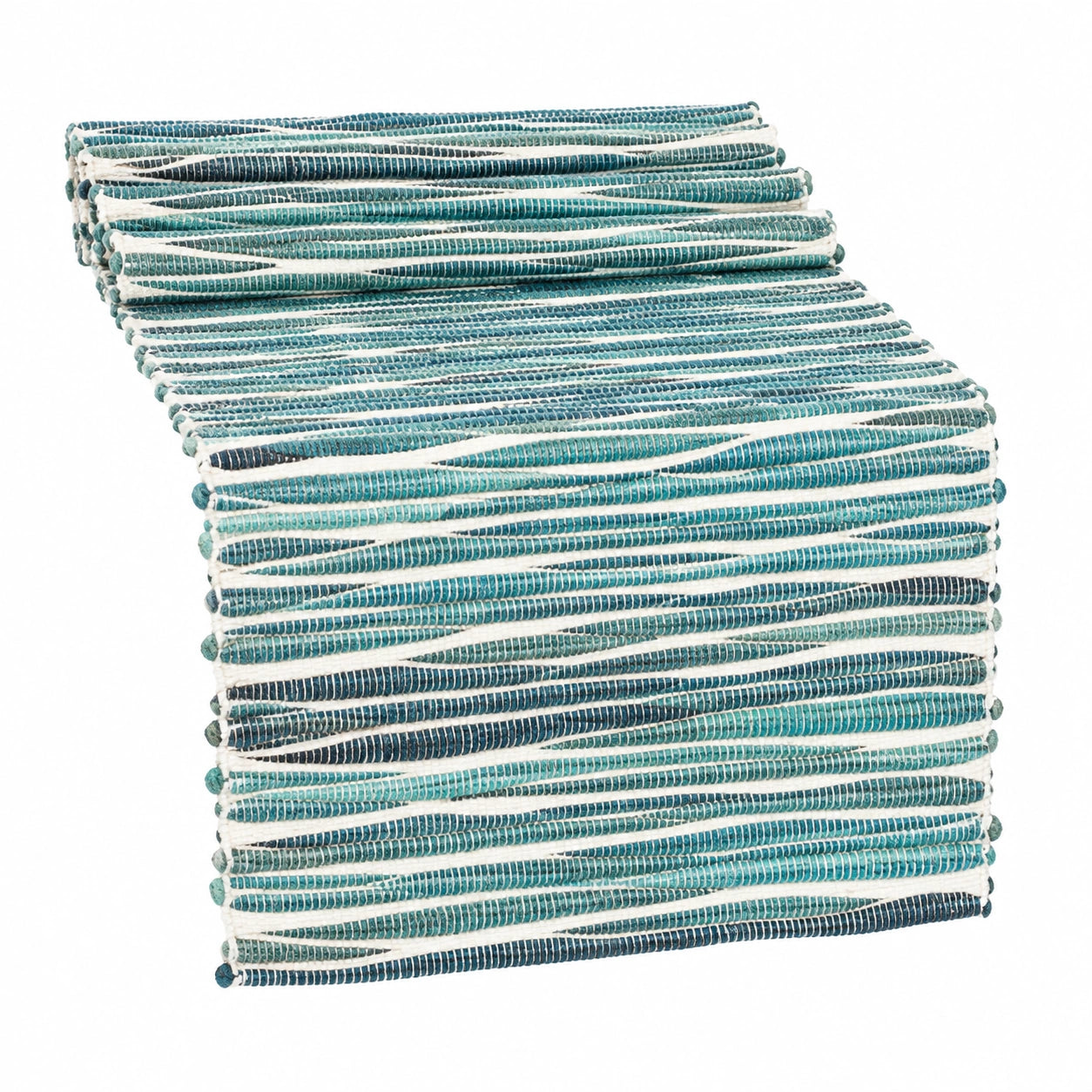 Chemin de table 140 x 40 cm textile tissé bleu vert blanc à rayures