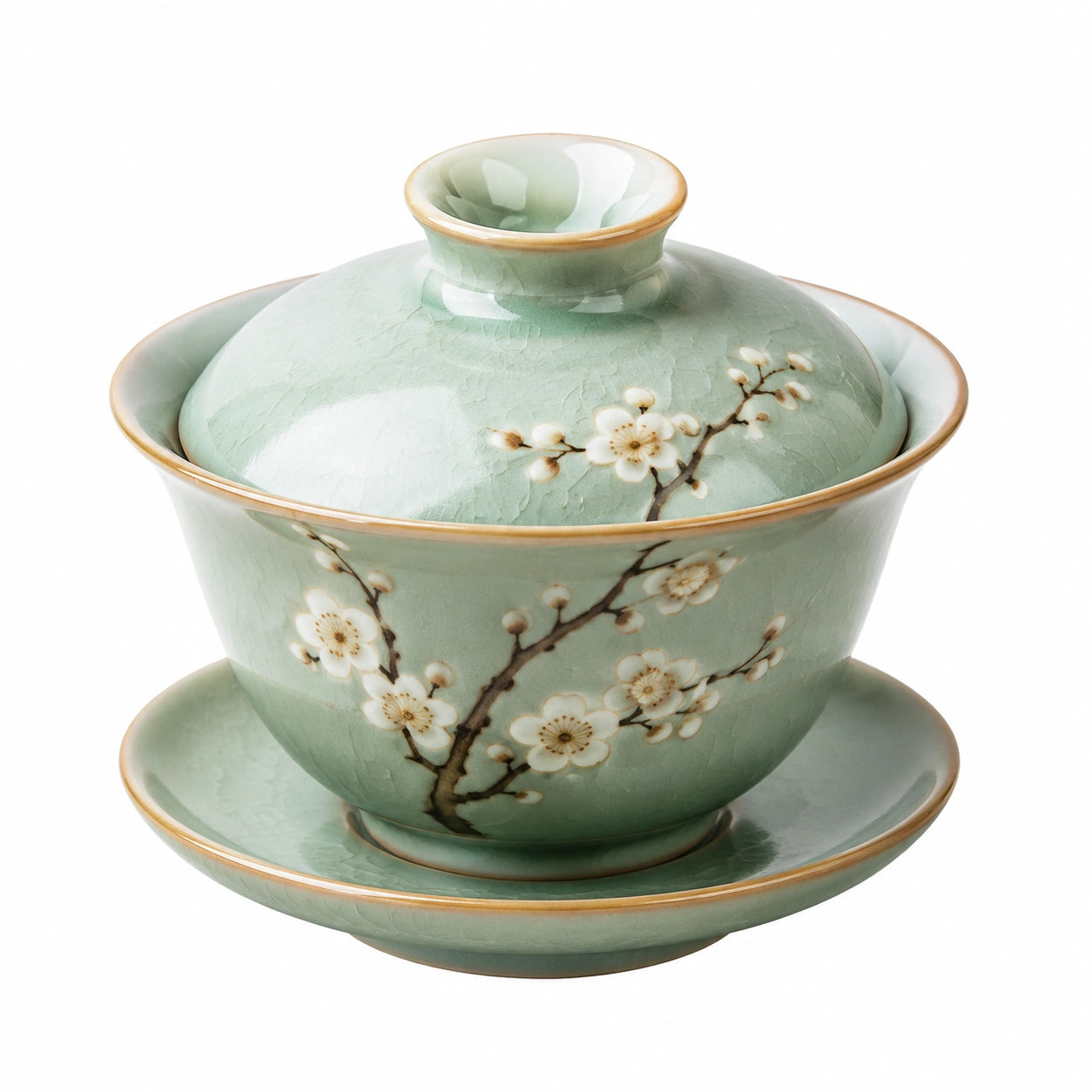 Service à thé gaiwan 150 ml en porcelaine vert céladon à décor floral pour infusion traditionnelle