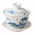 Gaiwan en porcelaine 11.5 cm blanc bleu avec couvercle et soucoupe style traditionnel