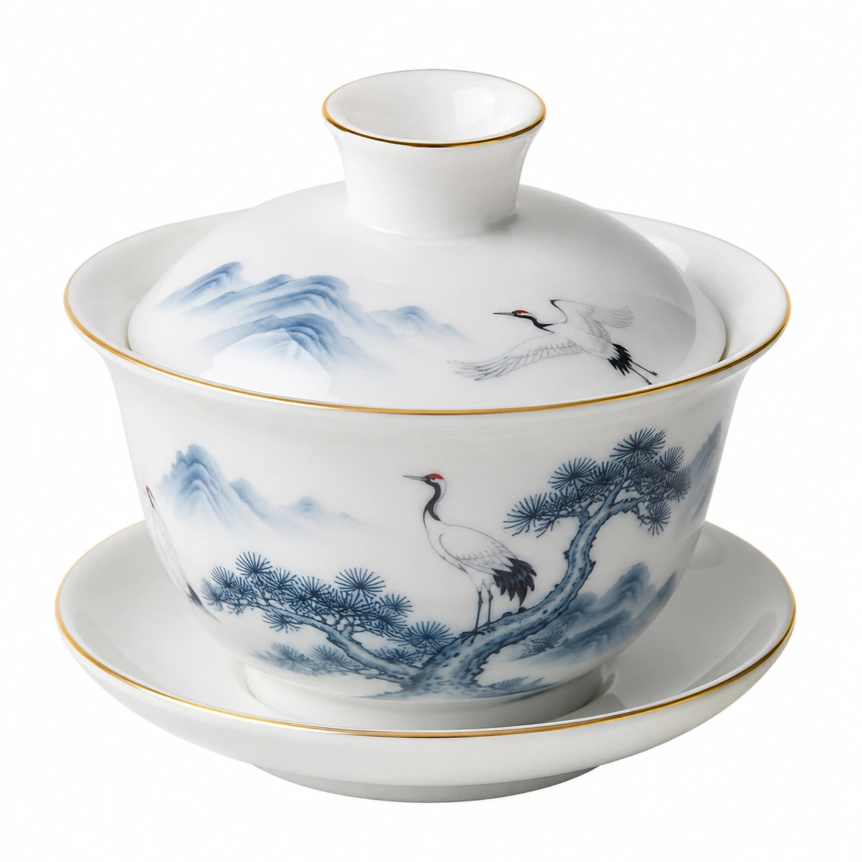Gaiwan en porcelaine 11.5 cm blanc bleu avec couvercle et soucoupe style traditionnel