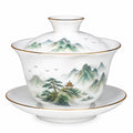 Gaiwan en porcelaine 150 ml blanc vert doré pour thé avec couvercle et soucoupe