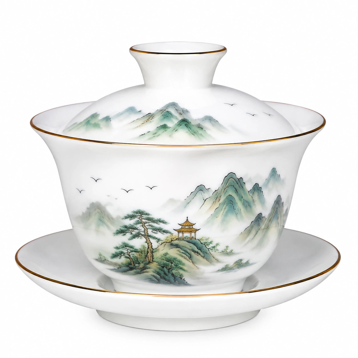 Gaiwan en porcelaine 150 ml blanc vert doré pour thé avec couvercle et soucoupe
