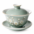 Gaiwan 120 ml en porcelaine vert céladon à motif floral avec couvercle et soucoupe