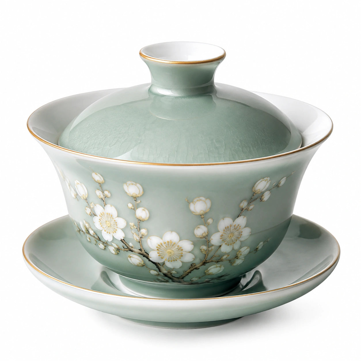 Gaiwan 120 ml en porcelaine vert céladon à motif floral avec couvercle et soucoupe
