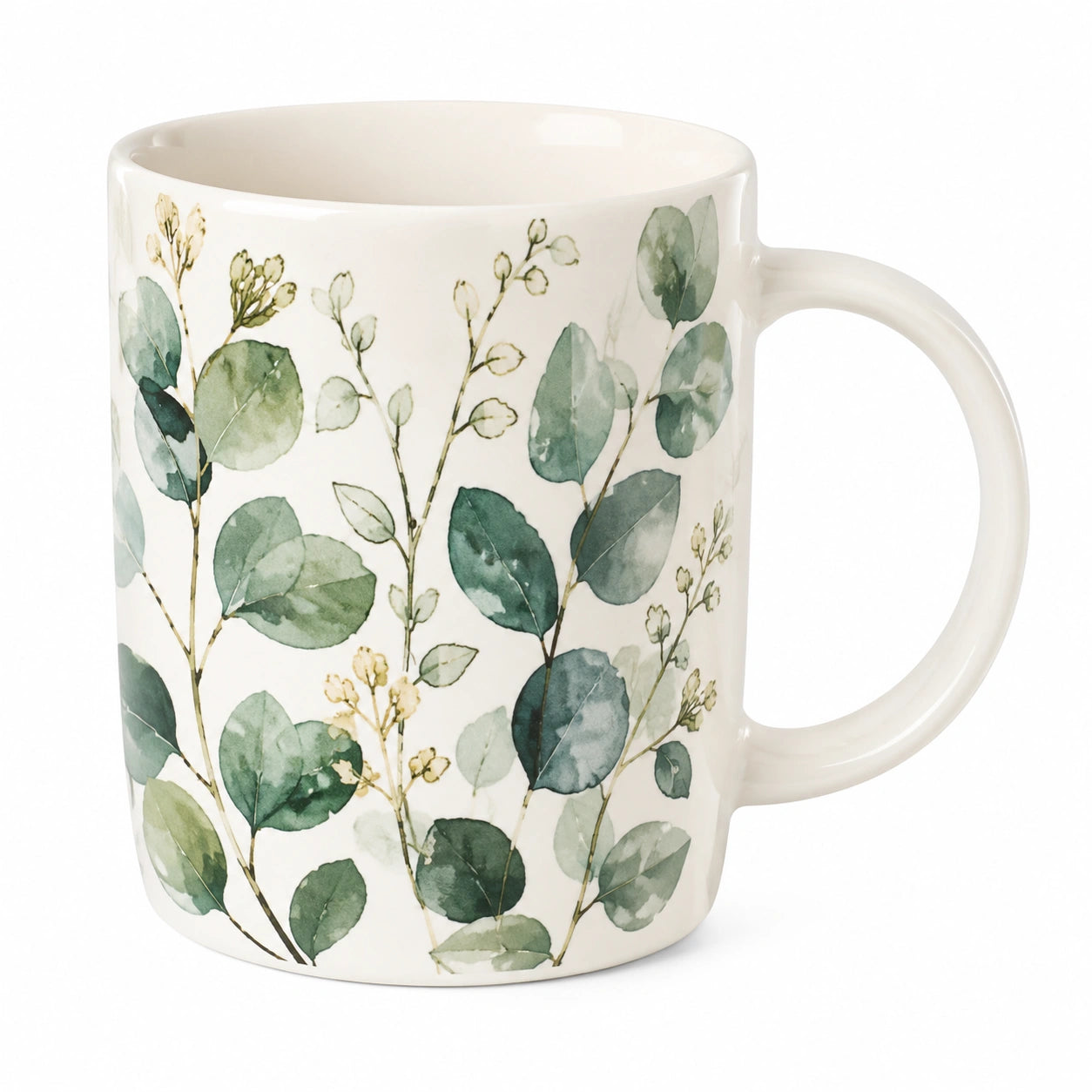 Mug 350 ml en céramique blanc et vert à motif végétal avec anse