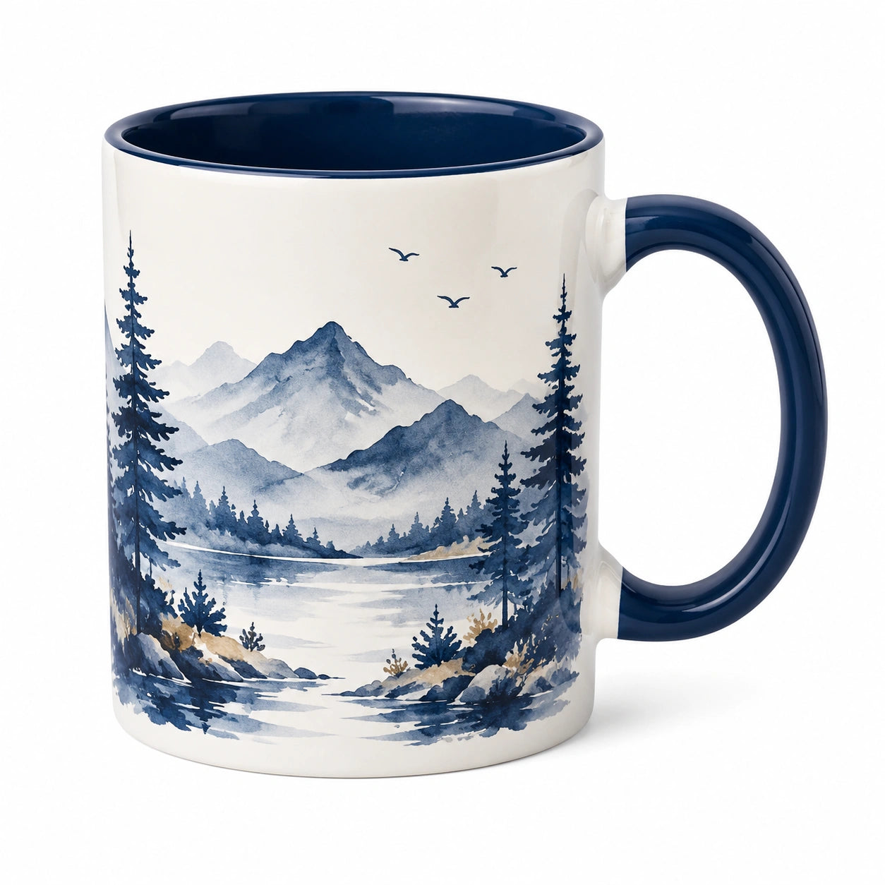 Mug 350 ml en céramique blanc et bleu décor montagne avec anse