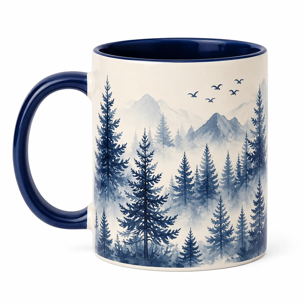 Mug 330 ml en céramique blanc et bleu marine à motif paysage montagnard