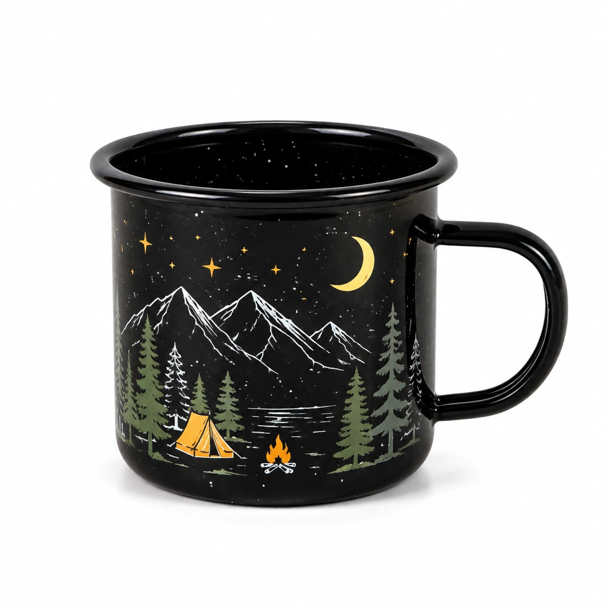 Mug de camping 500 ml 10 x 9 cm en acier émaillé noir décor montagne avec anse